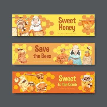 Banner template with honey concept design for advertise watercolor vector ill Stock Illustration