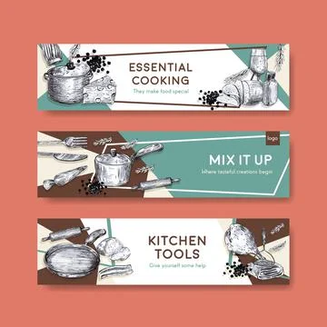 Banner template with kitchen appliances concept design for advertise vector i Stock Illustration