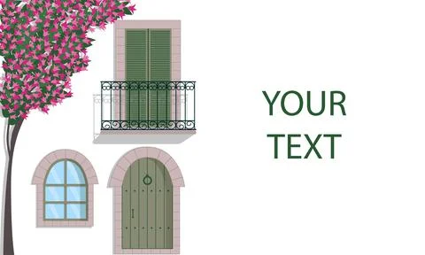 Banner template with Mediterranean house and tree Stock Illustration