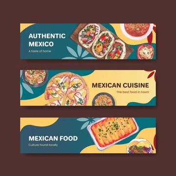 Banner template with Mexican food concept design watercolor illustration Stock Illustration