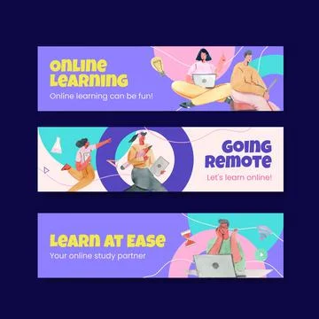 Banner template with online learning concept design for advertise and marketi Illustrazione stock