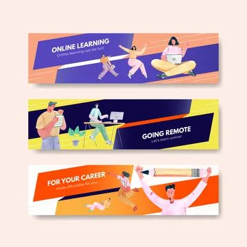 Banner template with online learning concept design for advertise and marketi Illustrazione stock