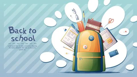 Banner template with a school backpack and scattered textbooks, stationery, e Stock Illustration