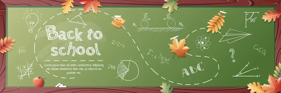 Banner template with school board, autumn leaves and chalk lettering. Back to Stock Illustration