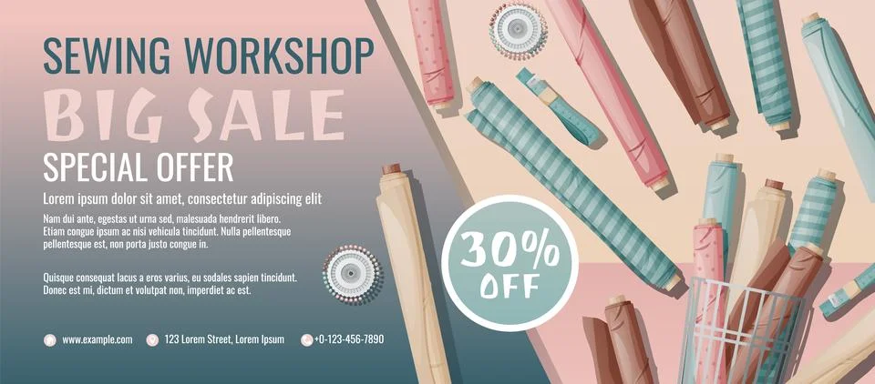 Banner template for sewing workshop. Discount coupon with sewing items. Manne Stock Illustration