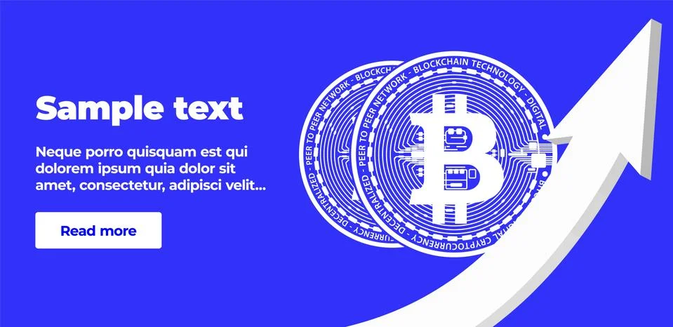 A banner template with text, a button and two coins of the digital crypto Stock Illustration
