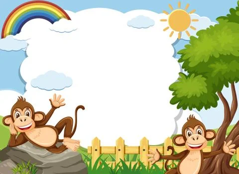 Banner template with two happy monkeys in the park Stock Illustration