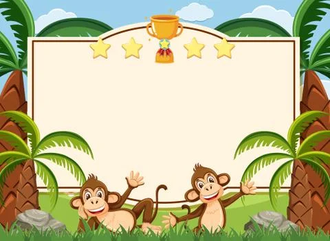 Banner template with two happy monkeys in the park Stock Illustration