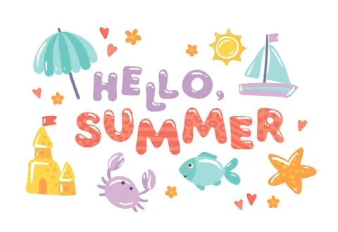 Banner with the text "Hello, summer" with cute cartoon style icons. Stock Illustration