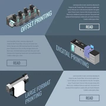 Banner on the topic of offset and digital printing of images, isometric image Stock Illustration