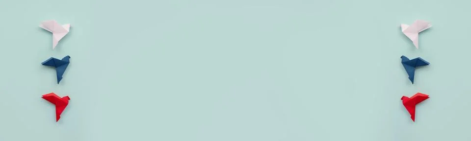 Banner two groups three paper origami pigeons white, blue and red on light ba Stock Photos