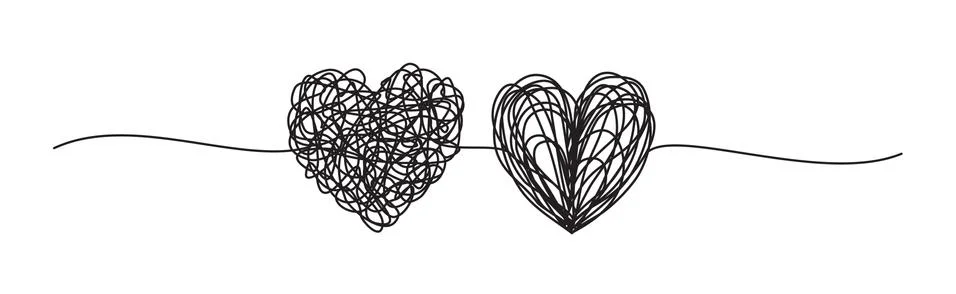 Banner with two tangled scribble hearts hand drawn Stock Illustration