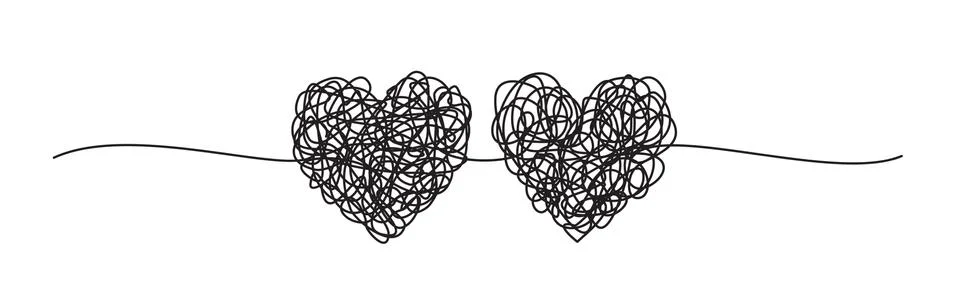 Banner with two tangled scribble hearts hand drawn Stock Illustration