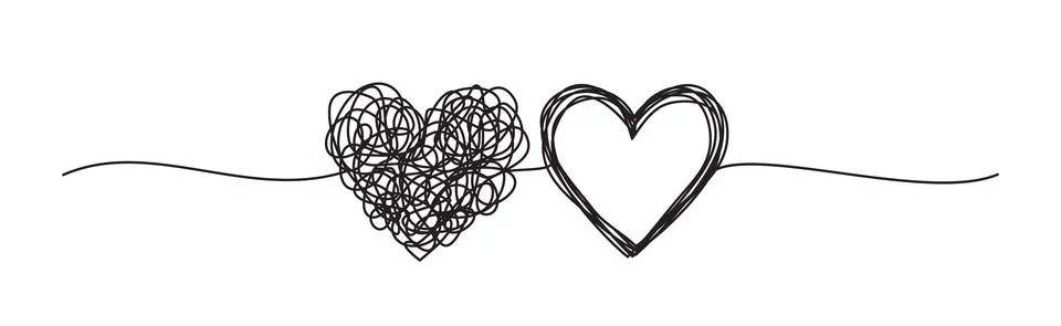 Banner with two tangled scribble hearts hand drawn Stock Illustration
