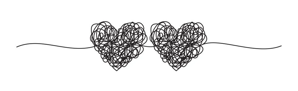Banner with two tangled scribble hearts hand drawn Stock Illustration