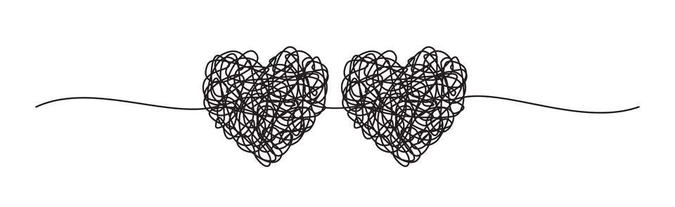 Banner with two tangled scribble hearts hand drawn Stock Illustration