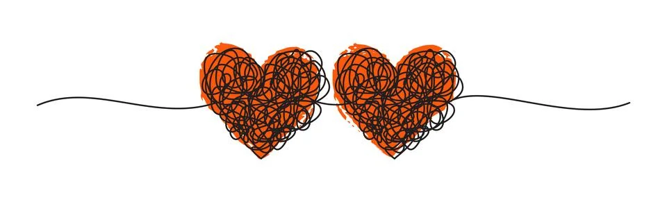 Banner with two tangled scribble hearts hand drawn Stock Illustration