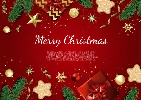 Banner with vector christmas tree branches, gold stars, christmas balls and s Stock Illustration