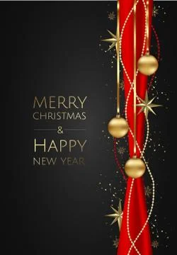 Banner with vector christmas tree branches, gold stars, christmas balls and Stock Illustration