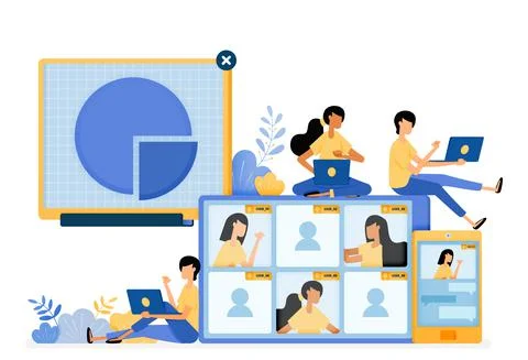 Banner vector design of virtual business meeting technology with mobile commu Ilustração Stock