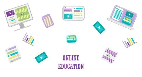 Banner with vector elements of gadgets for online training and courses, digital 스톡 일러스트