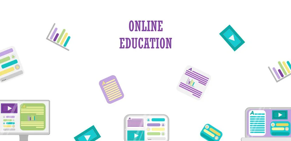 Banner with vector elements of gadgets for online training and courses, digital Stock Illustration