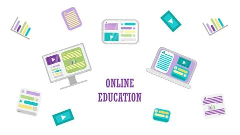 Banner with vector elements of gadgets for online training and courses, digital Stock Illustration