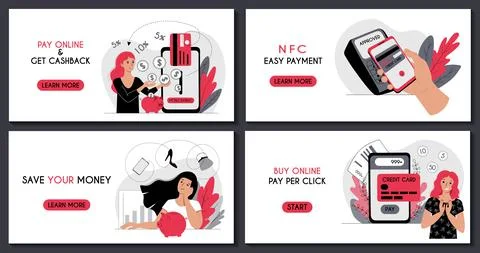 Banner for web page templates set. Contactless payment by card and smartphone Stock Illustration
