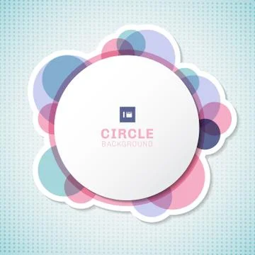 Banner white circle round label with pastel circles elements overlapping on b Stock Illustration