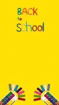 Banner words of multi-colored plasticine back to school, watercolor paints on Stock Photos