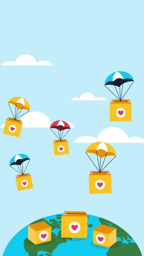 Banner World Humanitarian Day, boxes on parachutes fall to Earth Stock Footage 276894652