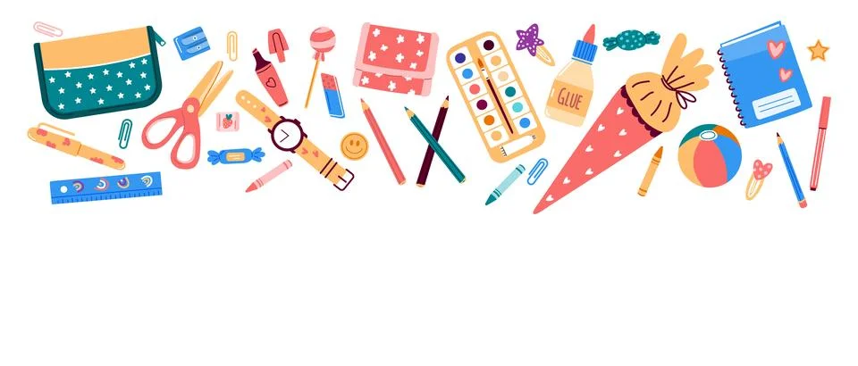 Banner,header with school stationery objects.Vector illustration in flat style Stock Illustration