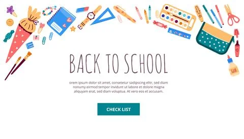 Banner,header with school stationery objects.Vector illustration in flat style Stock Illustration