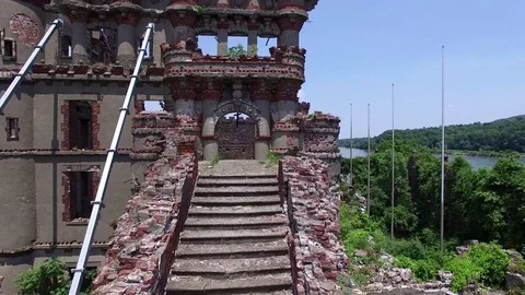 Bannerman Castle - Hudson River - NY - Fly Up, Orbit, Look Down Stock Footage