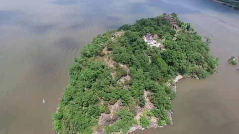 Bannerman Castle - Hudson River - NY - High Aerial Orbit Stock Footage