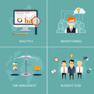 Banners Analytics, brainstorming, time is money and business team. Vector flat Stock Illustration