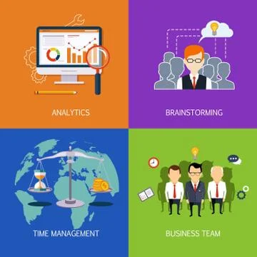 Banners Analytics, brainstorming, time is money and business team. Vector flat Stock Illustration