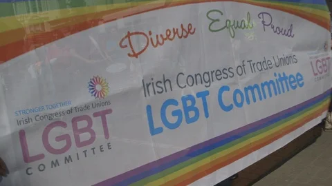 Banners and crowds marching at March for Civil Marriage Equality, Belfast UK, HD Stock Footage 119964856