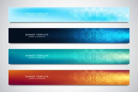 Banners and headers for site with DNA strand and molecular structure. Genetic Stock Illustration