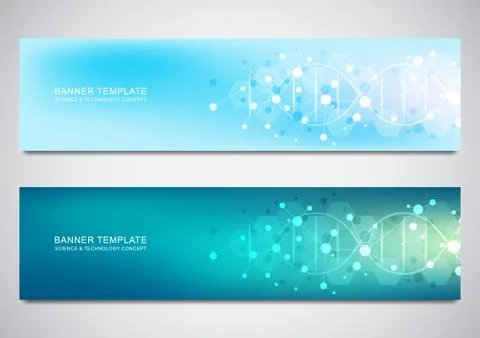 Banners and headers for site with DNA strand and molecular structure. Genetic Stock Illustration