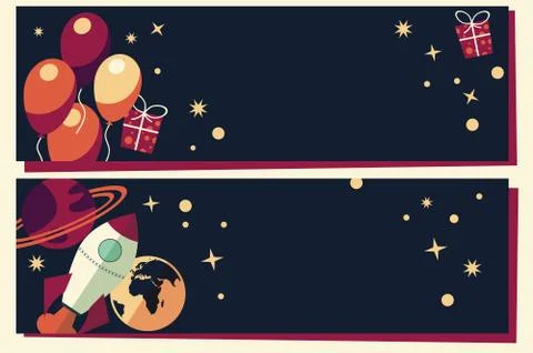 Banners with balloons, presents, rocket ship and planets Stock Illustration