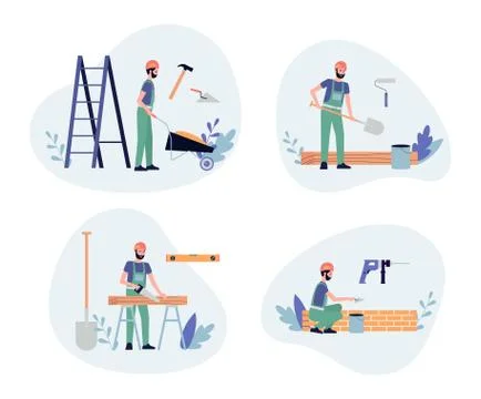 Banners with builder or construction worker flat vector illustration isolated. Stock Illustration