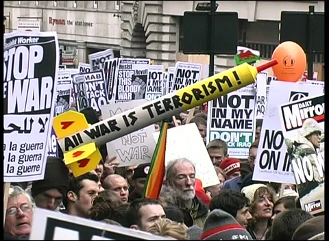 Banners &amp; Crowd at Anti-War Protest London  15th Feb 2003 Stock Footage 238087445