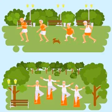 Banners Elderly people doing exercises Stock Illustration