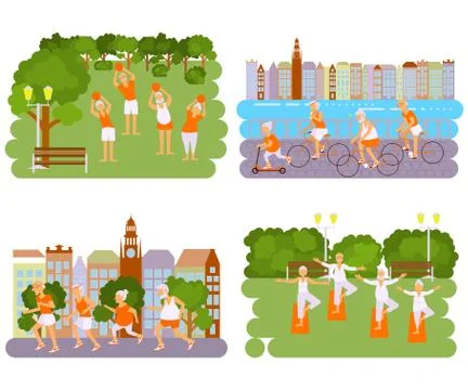 Banners Elderly people doing exercises Stock Illustration