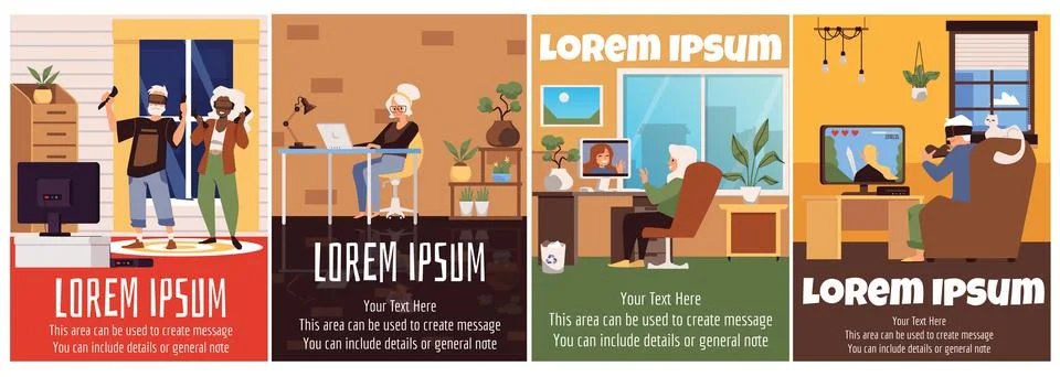 Banners with elderly people using computer devices flat vector illustration. Stock Illustration