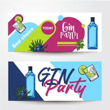 Banners with gin bottle, shot, lime, juniper, place for text Stock Illustration