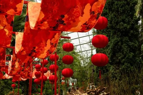 Banners hang above while red lanterns dangle in a garden setting during the d Fotos Stock