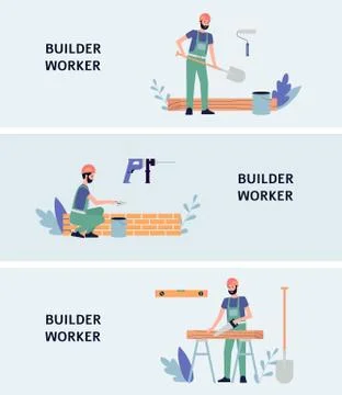 Banners or flyers set for builder worker services flat vector illustration. Stock Illustration