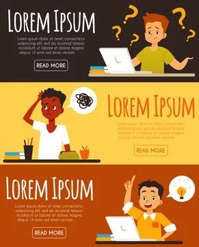 Banners or flyers set with studying children, flat vector illustration. Illustrazione stock